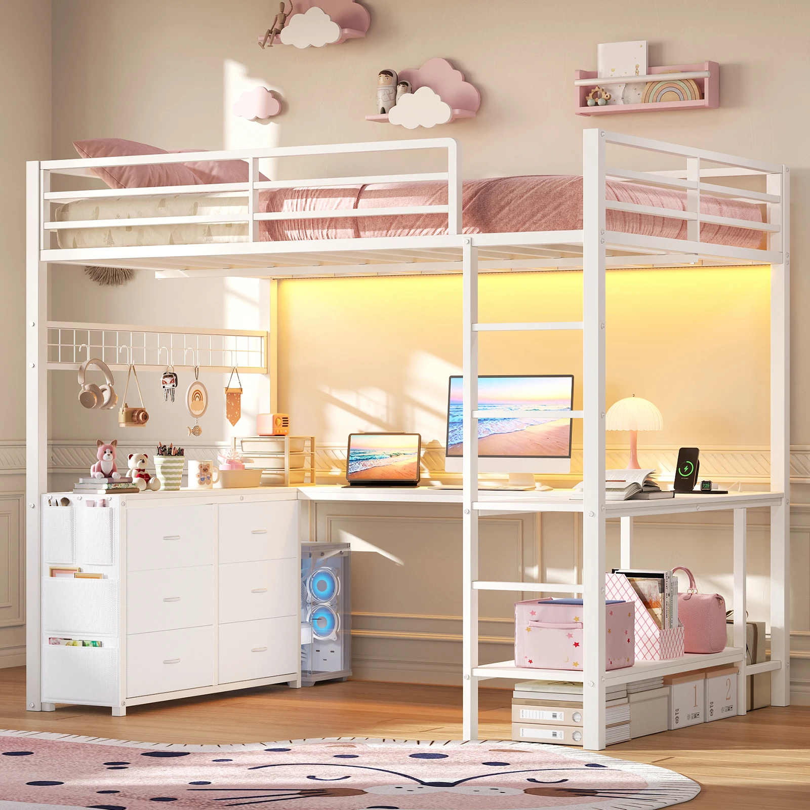 Space-Saving Multifunctional Loft Bed With U-Shaped Work Desk, 6 Drawers, RGB LED Lights, Charging Station & 11