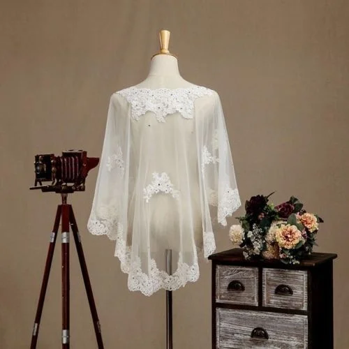 Ivoor Lace Bridal Shawl Lady Zomer Herfst Schouderophalen Trouwjurk Kristal Cape Party Avond Jas Wrap