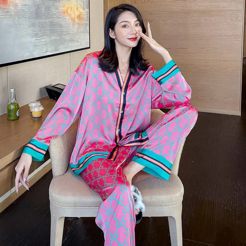 

Silk Pajama Sets Two Pieces Women Sleepwear Lingerie Long Sleeve Cardigan Pants Print Spring Autumn Nightwear Thin Loungewear