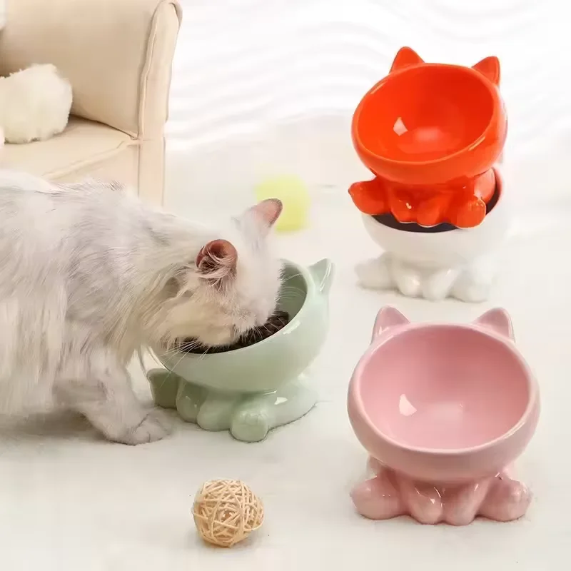 Bol en céramique mignon pour chat avec pieds surélevés, gamelle pour chien, accessoires pour animaux de compagnie, protection de la colonne cervicale, design diagonal