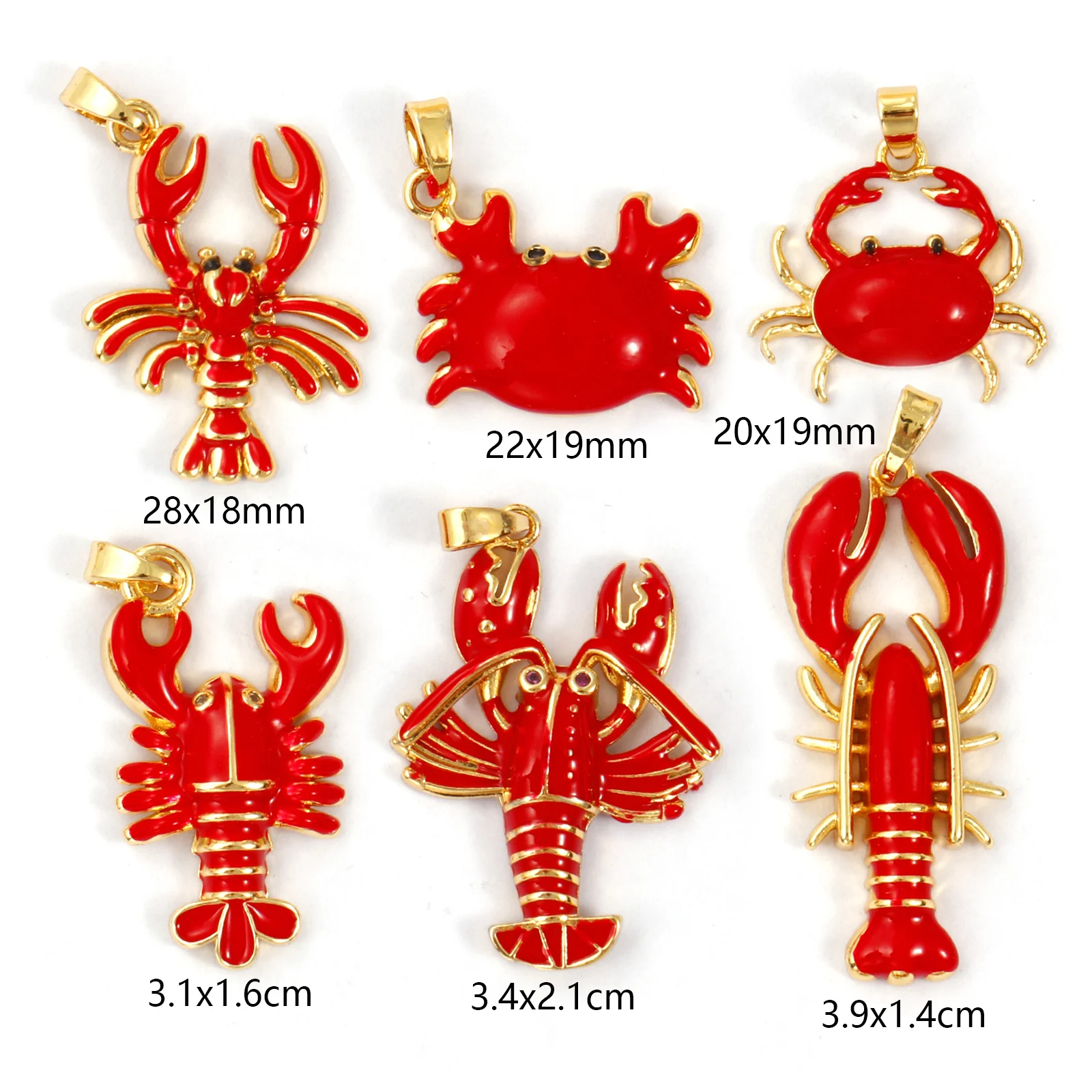 2-Piece 18K Gold Plated Red Enamel Crab Charm Pendants