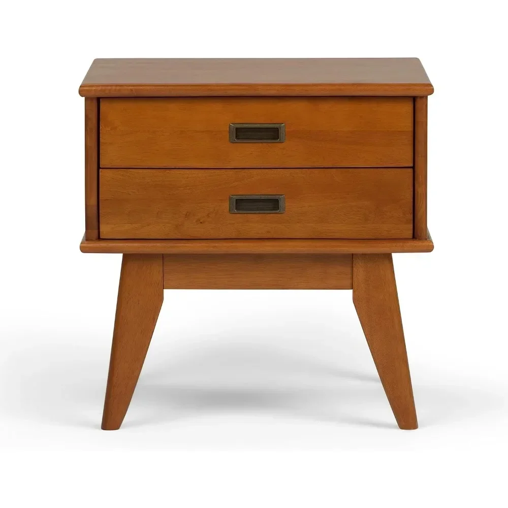 Solid Hardwood 22 Inch Wide Rectangle End Side Table in Teak Brown With Storage 2 Drawers Bedside Table for Bedroom Furniture