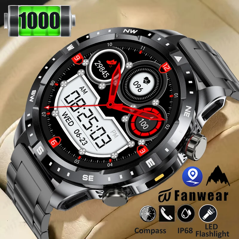 Fanwear men's smart watch built-in compass 1000 mA battery altitude pressure IPX8 waterproof Bluetooth call exercise heart rate