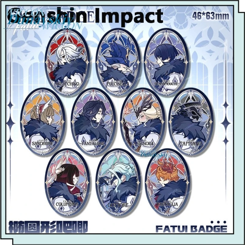 Genshin Impact Fatui Series Tartaglia Dottore Arlecchino Wanderer Merchandise Oval Double Flash Badge Pins Cosplay Accessories