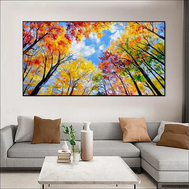 Hand‑Painted Low‑Angle Autumn Forest Oil Art, Heavy Textured Impressionist Colorful Tree Sky Canvas Decor for Bold Home