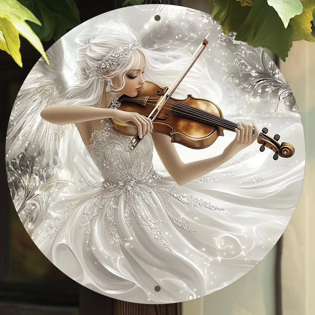 1pc Angel Violin 2D Aluminum Wall Art, Universal Holiday Metal Sign, 8x8 Inch, No Electricity or Battery Needed, Ideal for Home,