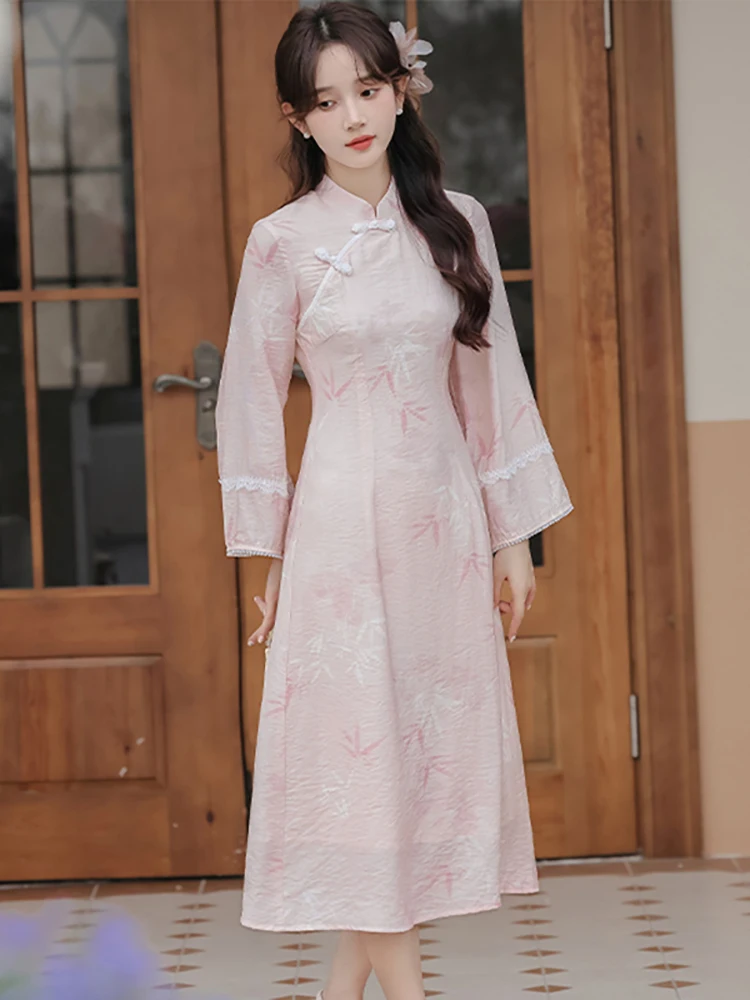 

2025 New Pink Print Stand Collar Cheongsam Dress Women Elegant Casual Long Dress Spring Summer Korean Fashion Bodycon Prom Dress