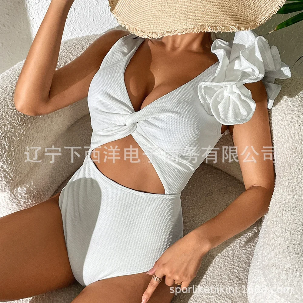 Single Shoulder Lotus Leaf Edge One-piece Swimsuit for Women Backless Ins Triangle White Swimsuit