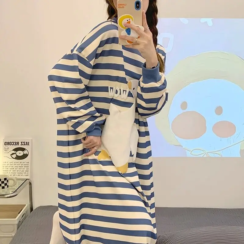 Plus Size 5XL 150KG Autumn Sleepwear Dress Striped Women\'s Night Shirts Oversize Women Nightgowns Sleepwear women Pajama