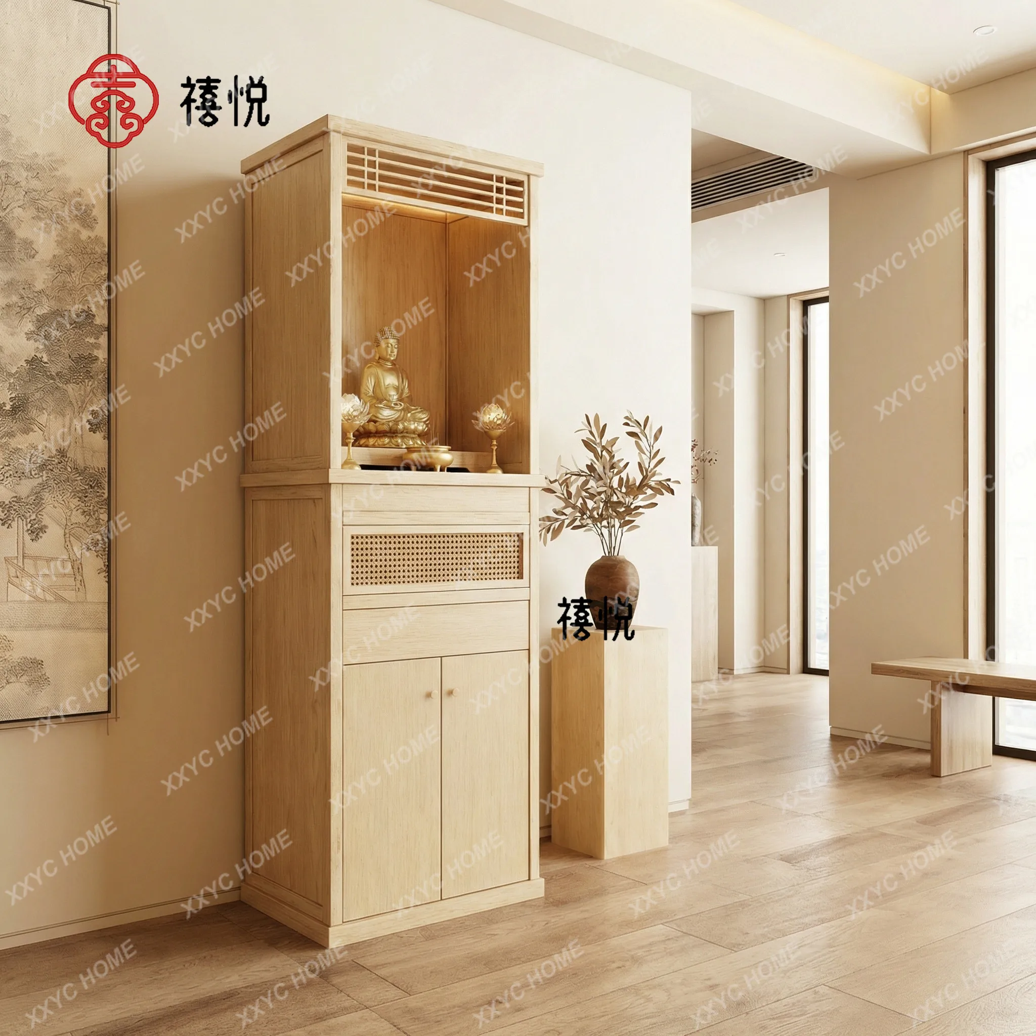 New Chinese Modern Vertical Cabinet Log Wind God of Wealth Cabinet Buddha Terrace Bodhisattva Cabinet