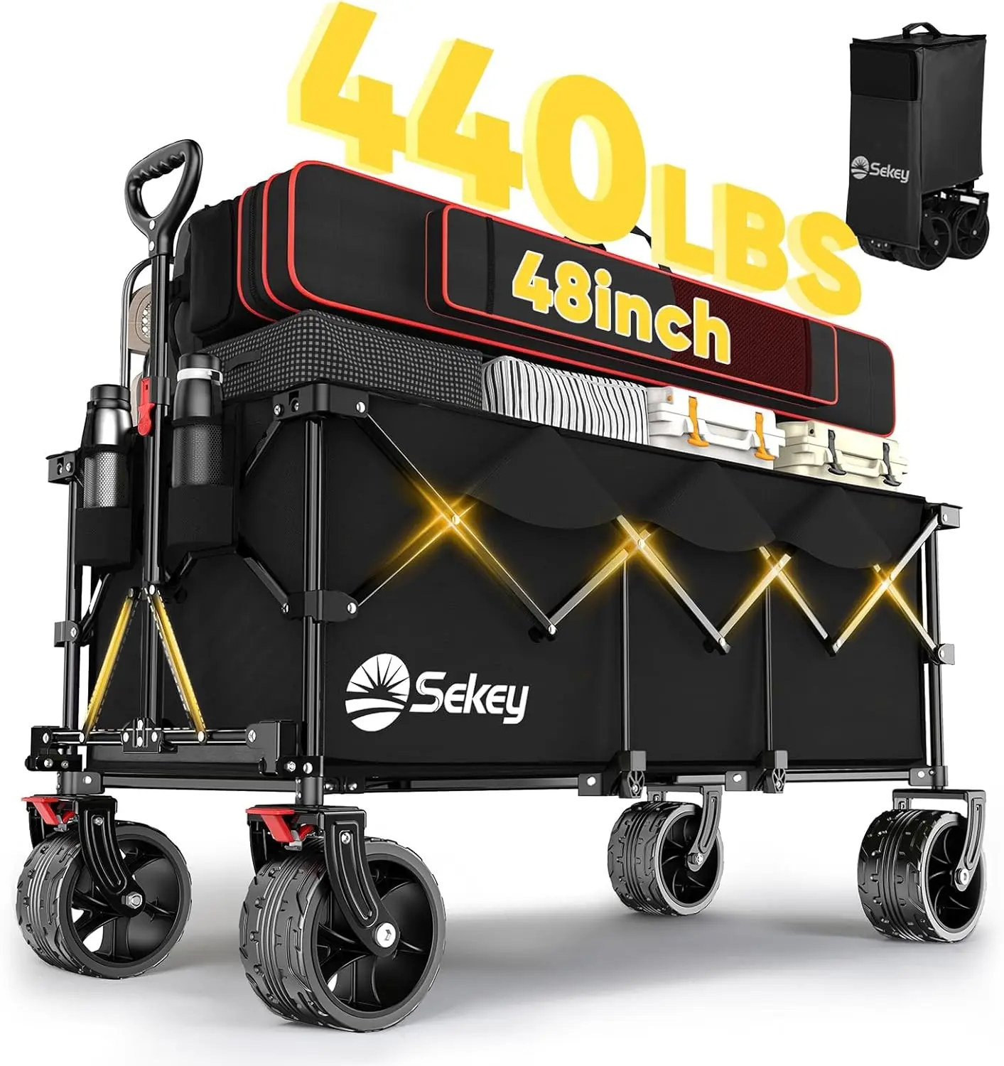 Garden and Beach Use, Collapsible Material, Black, 440lbs Capacity, All-Terrain Wheels, Drink Holders