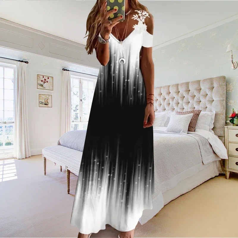 Damska Letnia Sukienka Codzienna Długa Ażurowa Krótki Rękaw Linia A Długość Plażowa Boho Impreza Eleganckie Sukienki