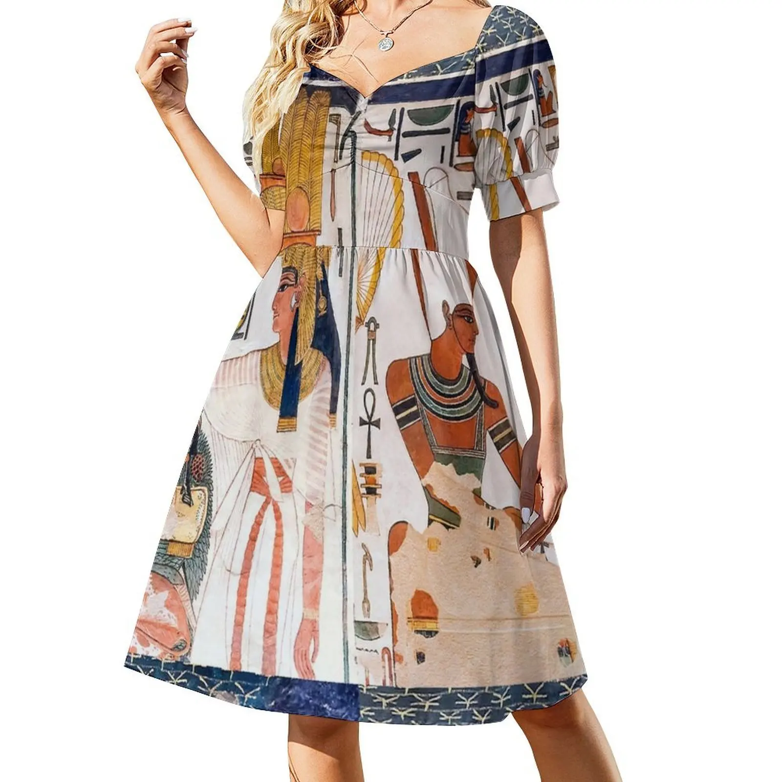 فستان Nefertari Tomb Wall العتيق البوهيمي بأكمام منتفخة أو خيارات بدون أكمام للنساء فستان Nefertari مقبرة مصرية المصرية