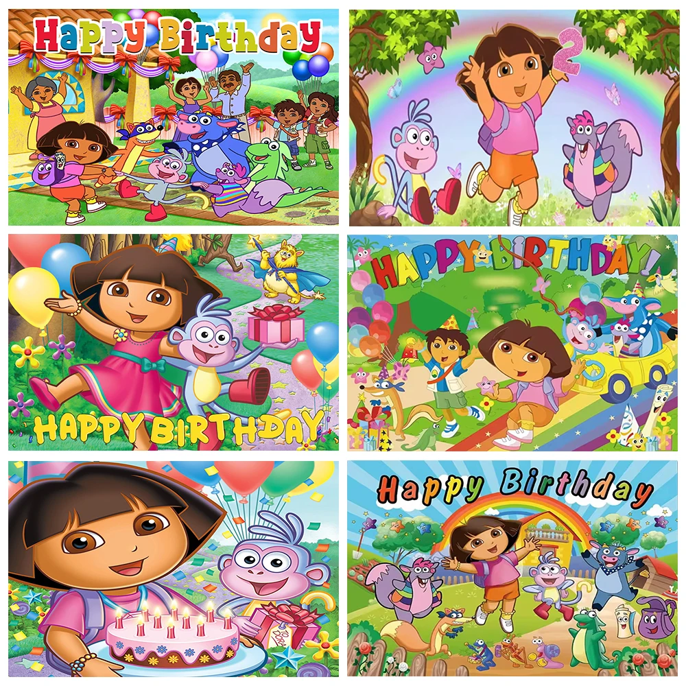 

Cartoon DORA-The-Explorer Theme Backdrop Kids Birthday Party Decoration Supplies Banner Background Baby Shower Gifts Photo Props