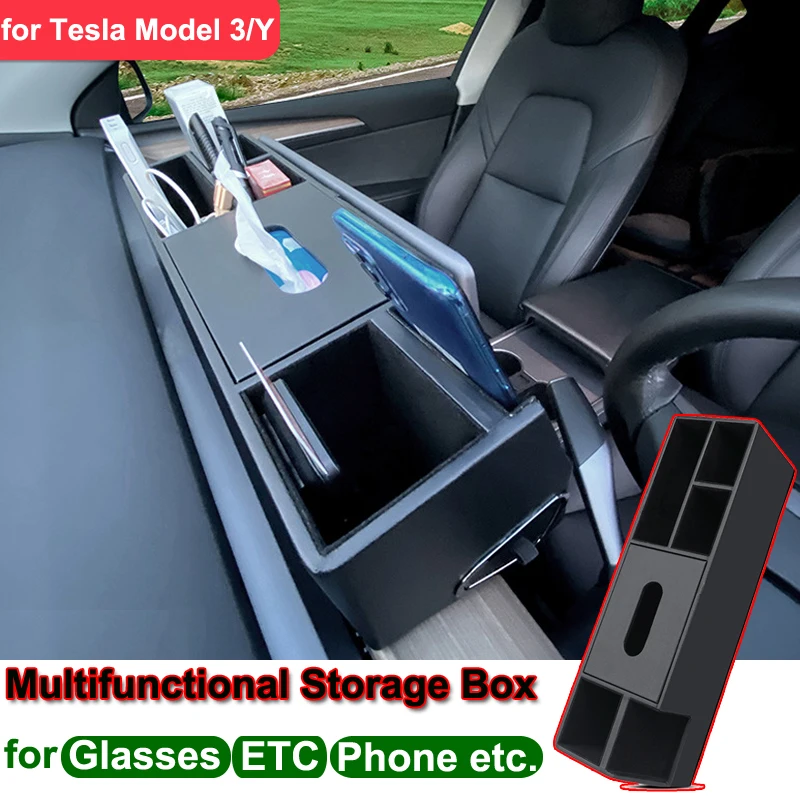 

for Tesla Model 3 Y Behind Screen Hidden Storage Box PU Leather Multifunctional Organizers ETC Phone Holder Tissue Glasses Case