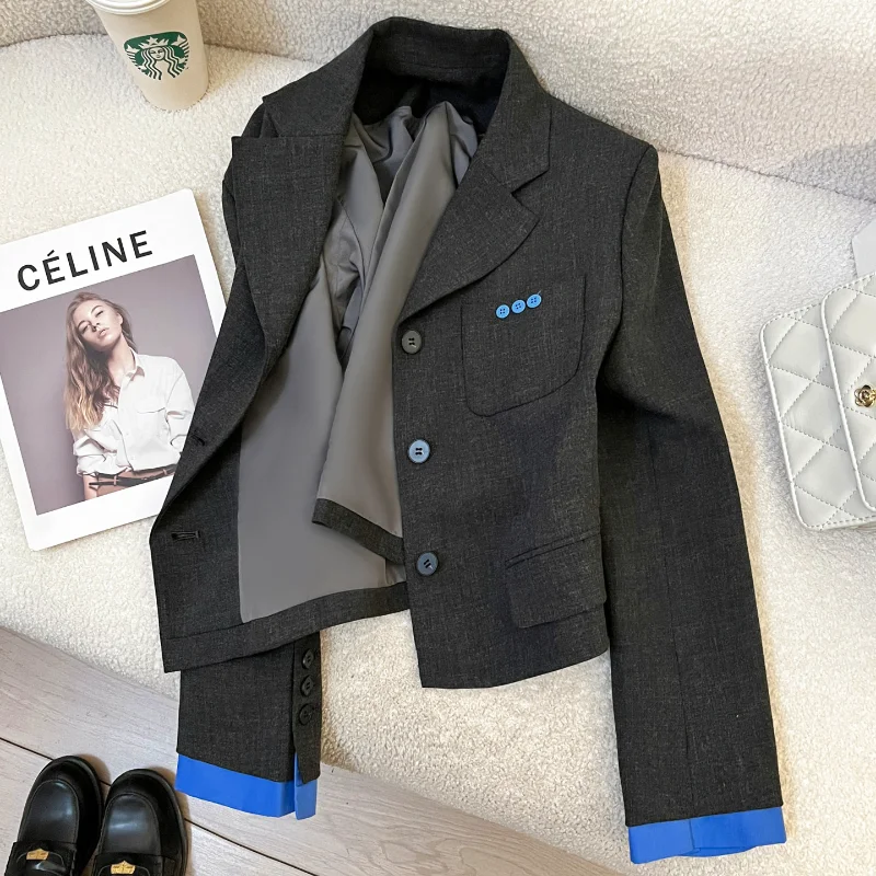 Women Dark Gray Vintage Wine Stitching Suit Jacket Female Fashion Joker French Chic Long-sleeved Office Lady Casual Jacket