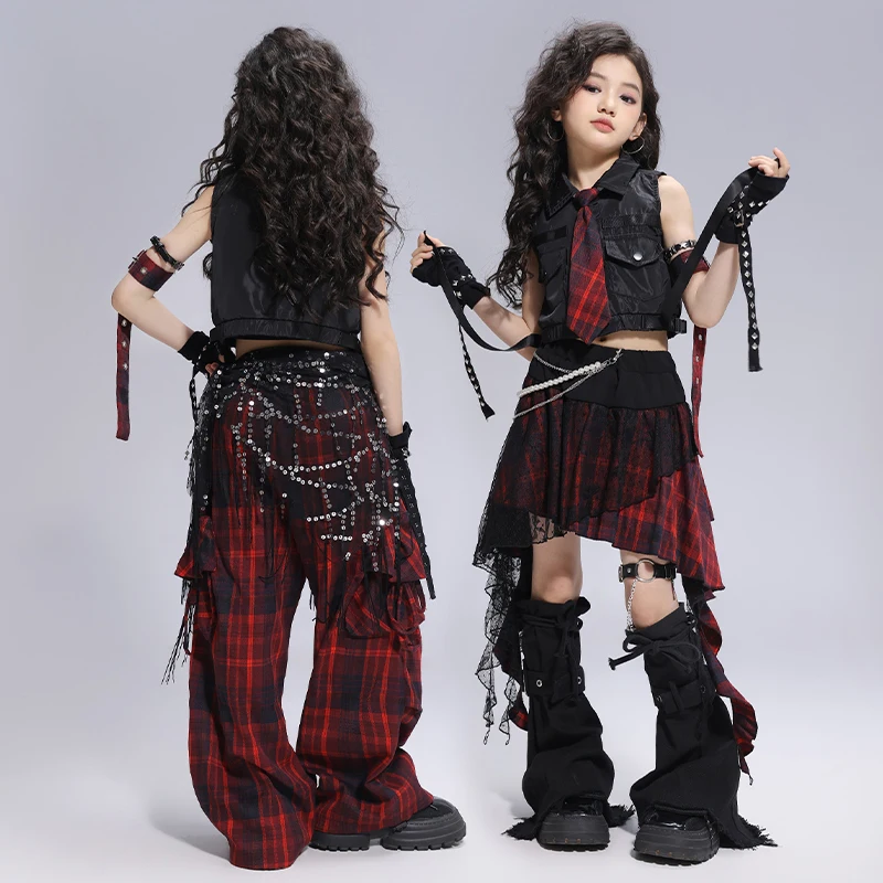 Mädchen Hip Hop Crop Tank Top Jogger Hosen Kind Sommer Plaid Hot Shorts Street Dance Kleidung Set Kinder Coole Kurze Jeans Kostüm