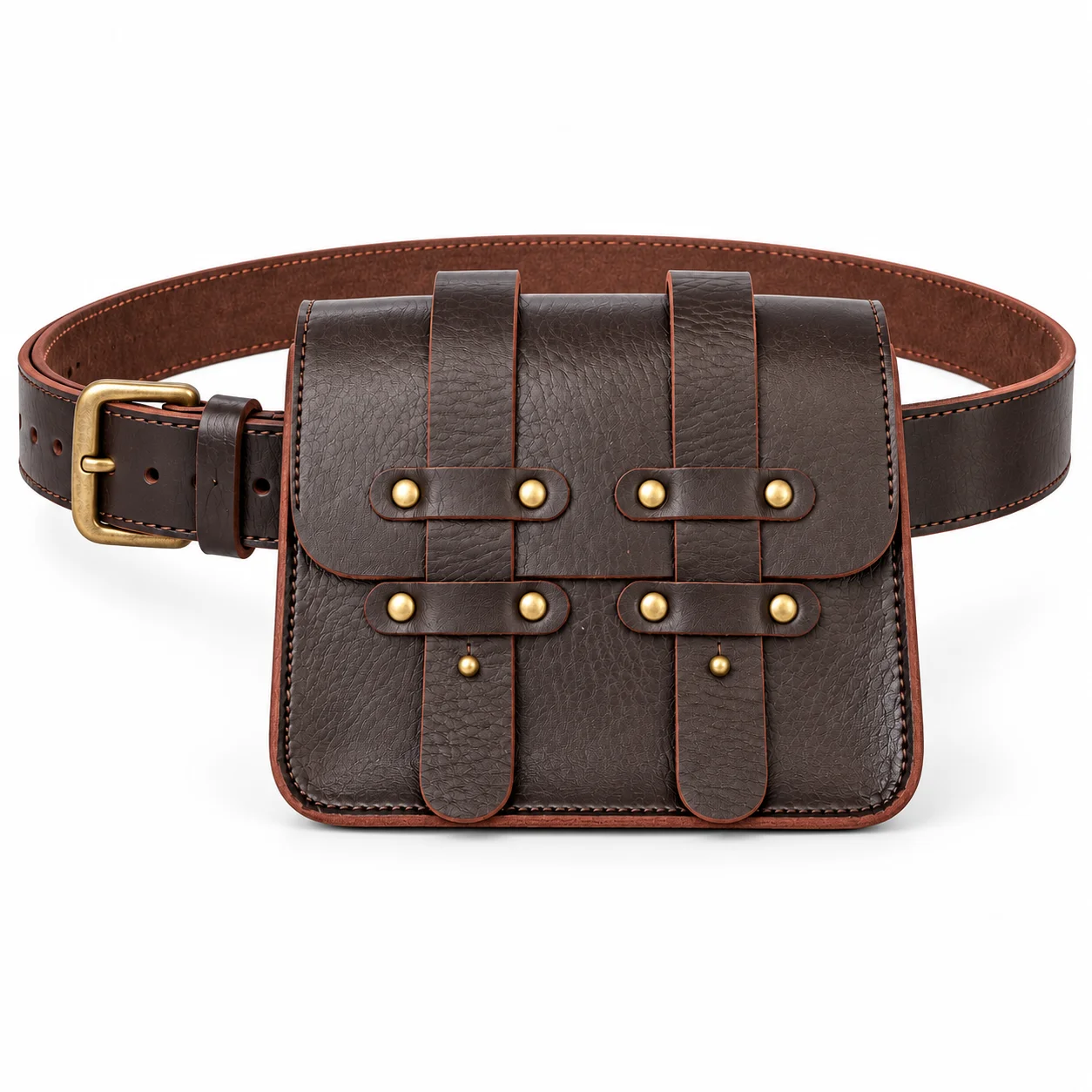 Vintage Brown Leather Waist Bag with Adjustable Belt, Retro Utility Hip Pouch with Brass Rivets for Men and Women