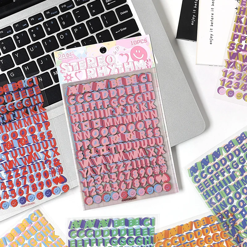 Adesivi con alfabeto e numeri in stile 3D retrò da 10 fogli, disegni di lettere/numero stereo vintage, autoadesivi per diario