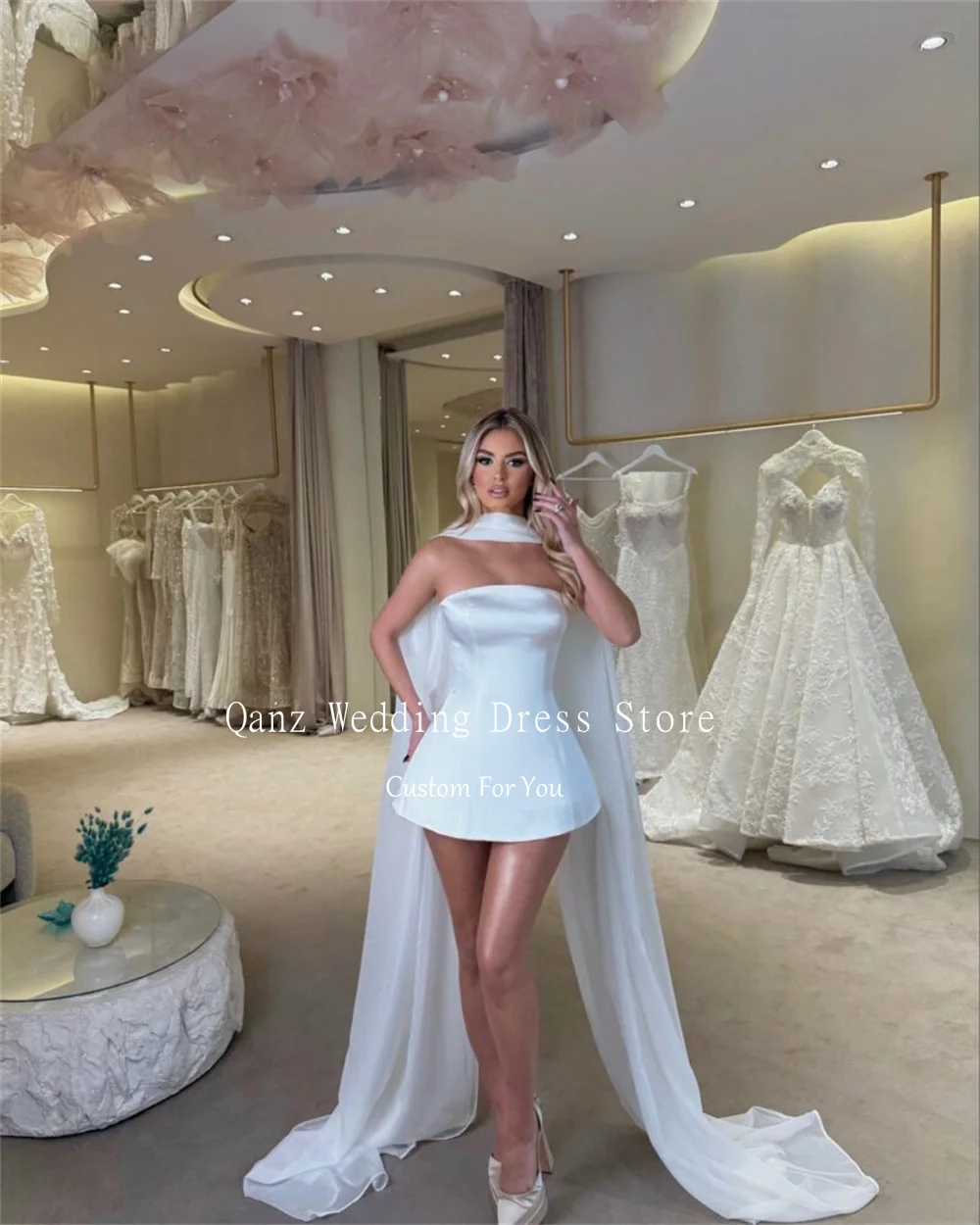 Qanz White Short A Line Wedding Dress Mini Soft Aatin Strapless Scarf Mini Bohemia Bridal Dresses Party For Women Customized