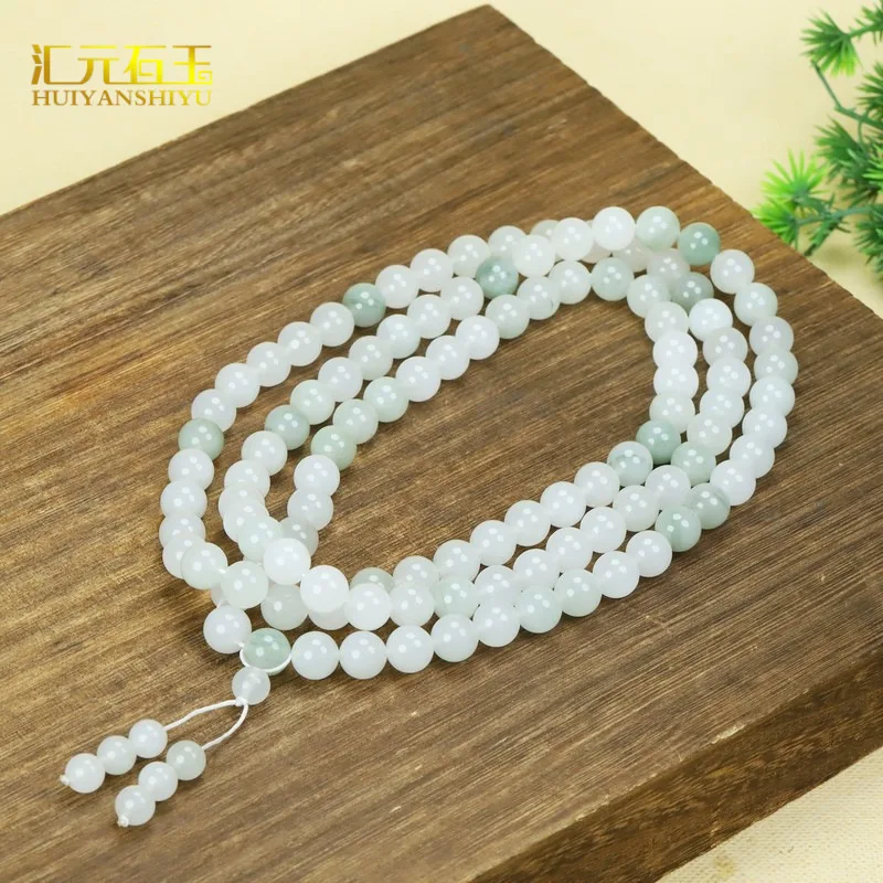 Tianshan Jade 108 Natural Jadeite Three-Layer Bracelet Ice Green Round Bead Jewelry