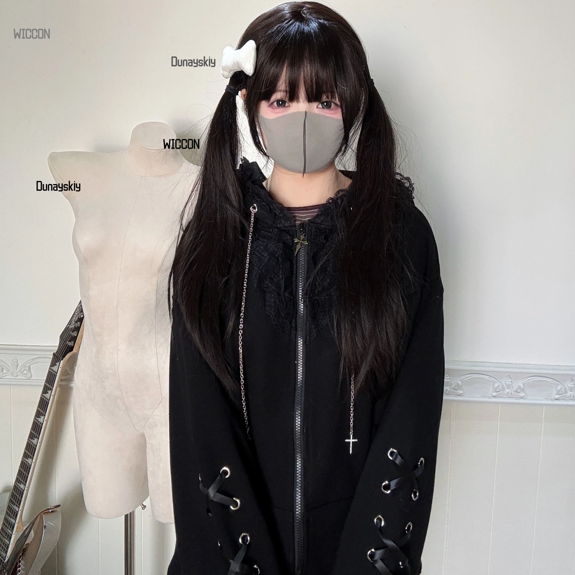 Jirai Kei Japanese Subcultural Lace Dark Cat Punk Coat Cosplay Costumes Women Girls Y2K Lace Ribbon Hooded Halloween Christmas - view 3
