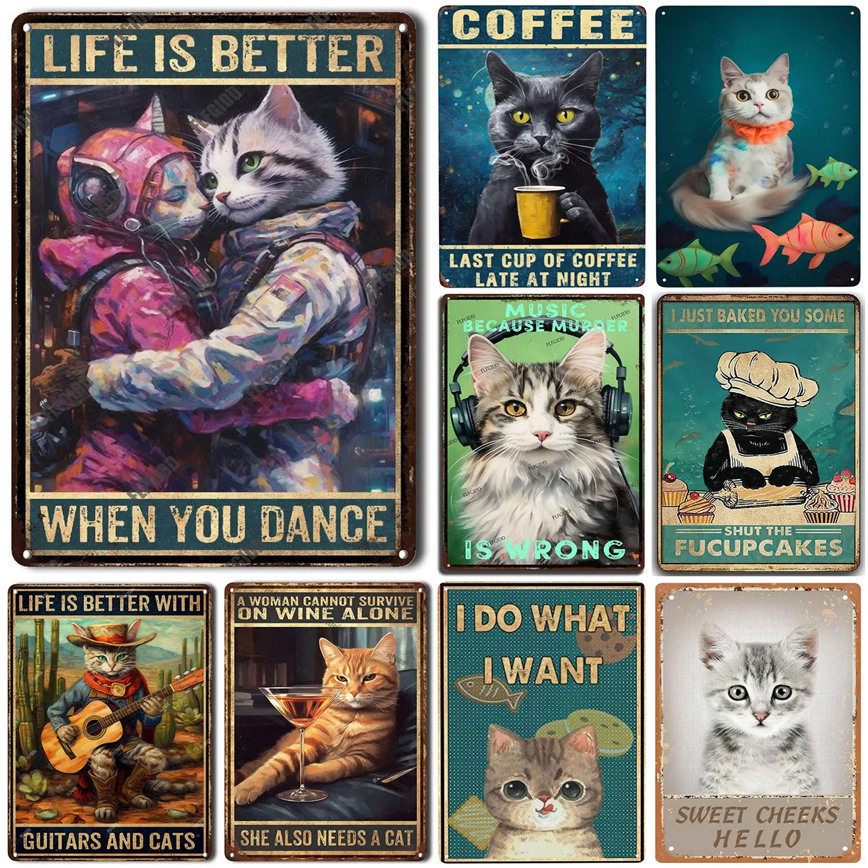 Life Is Better When You Dance Funny Cat Aluminum Metal Tin Signs, Sign Retro Poster Plaque Wall Decor for Indoor Wall Decoration