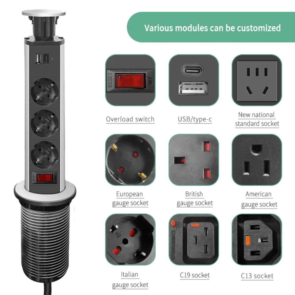 Imagem -02 - Tomada de Mesa Inteligente Plugue Elétrico Pull Desk Power Strip Escondida Outlet Home Office Cozinha Brasil ue Eua Reino Unido au fr