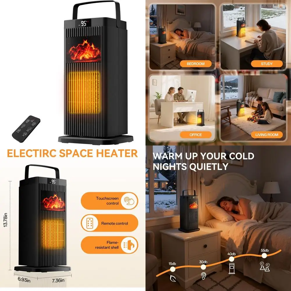 

Portable 1500W Electric PTC Ceramic Heater with 4 Modes, 12-Hour Timer, 3D Flame Effect, Overheat Protection for Bedrooms and Of