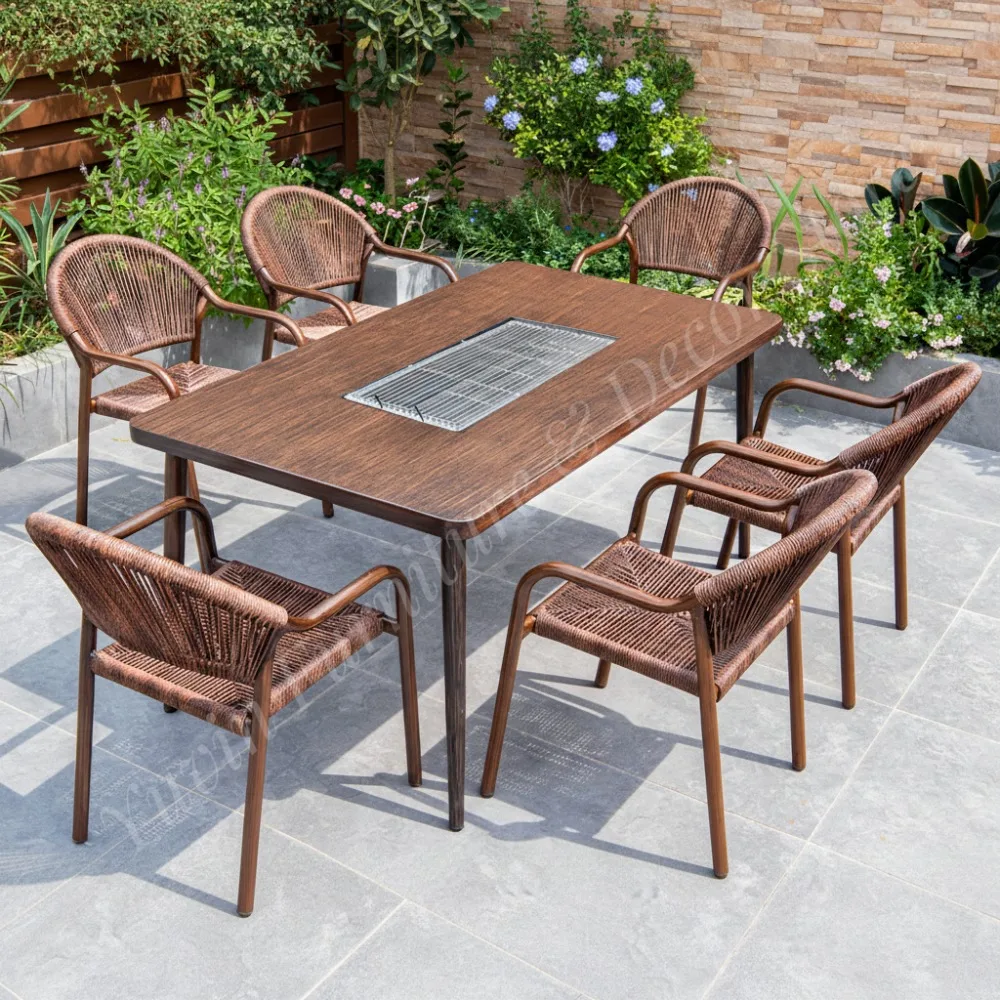 Luxury Wood Grain Metal Steel  Multi-functional Outdoor Dining BBQ Table and Chair for Hotel Villa Patio Backyard