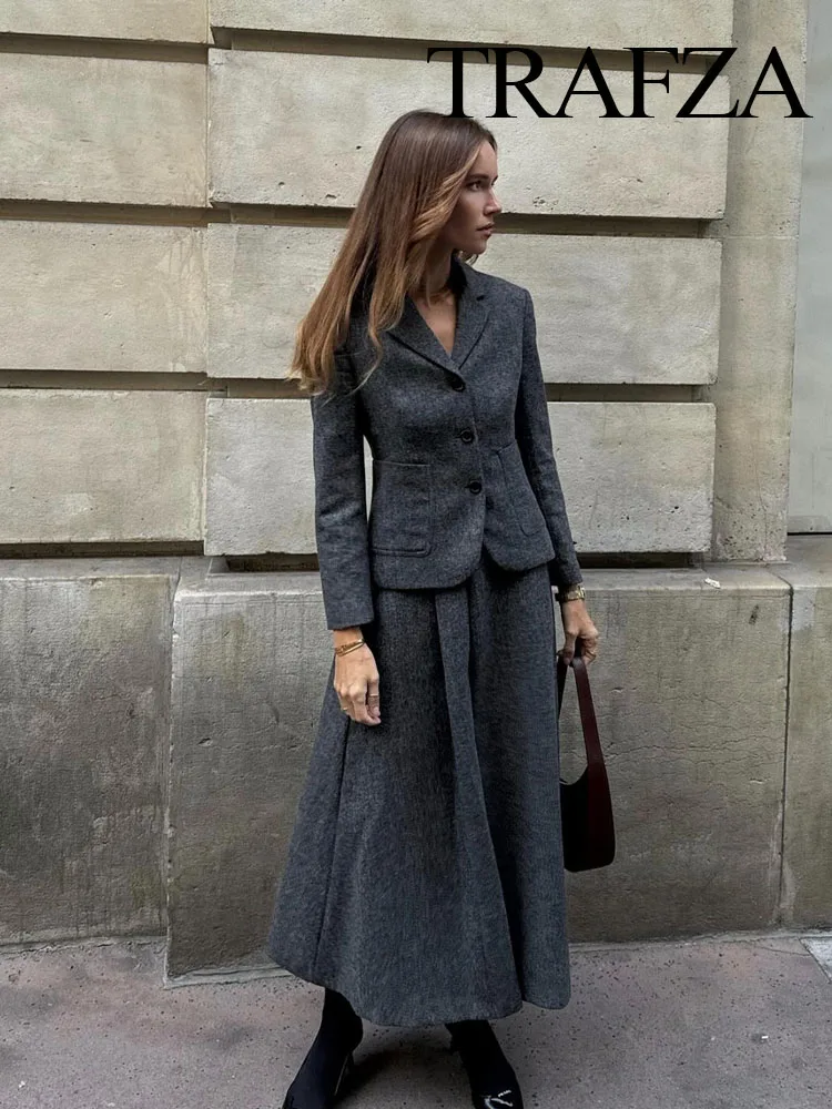 TRAFZA 2023 Autumn Women Fashion Sets Solid V Neck Tight Blazer + A Line Loose Comfortable Minimalism Style Female Long Skirt