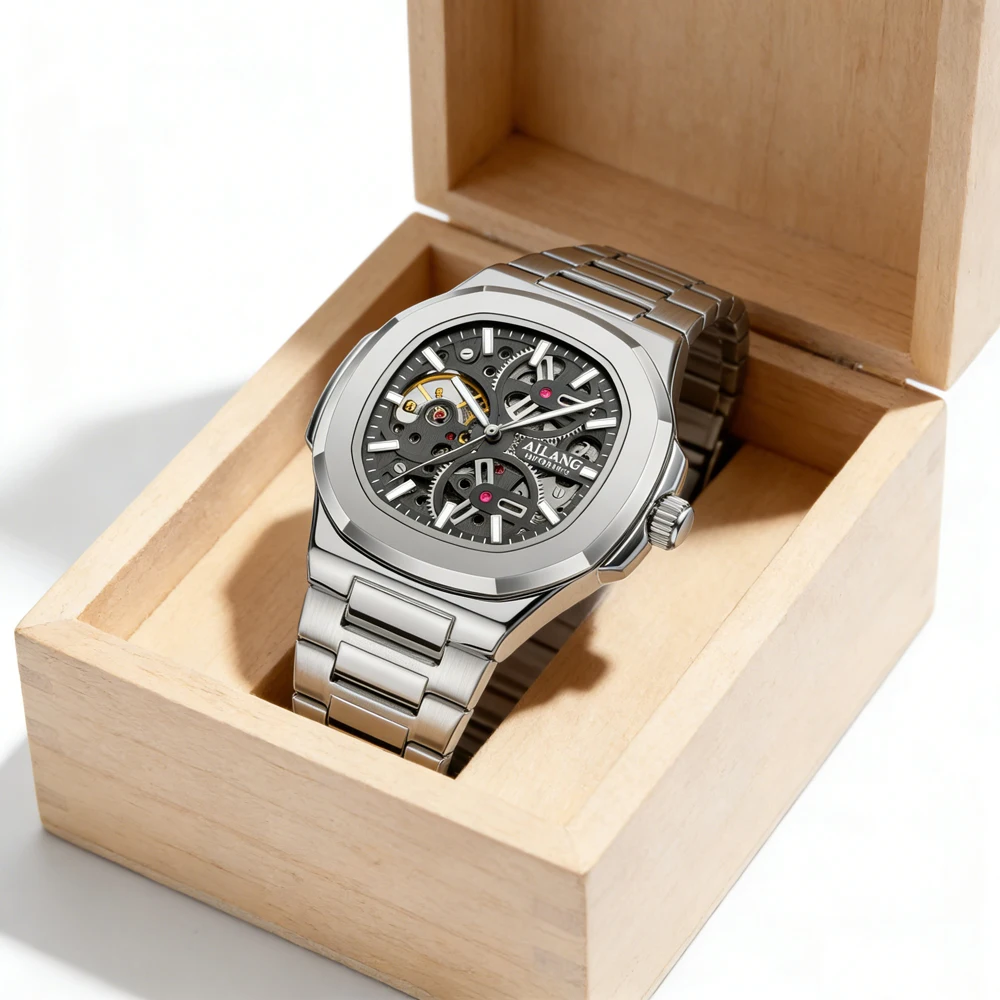 

Новые модные квадратные механические часы AILANG для мужчин, автоматические часы в стиле стимпанк, водонепроницаемые мужские часы со стальным ремешком