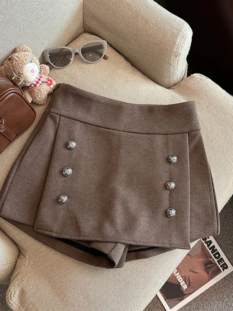 Women's Autumn Winter New Fashionable Commute Urban Style High Waist Double Breasted Woolen Elegant Short Skirt Pants