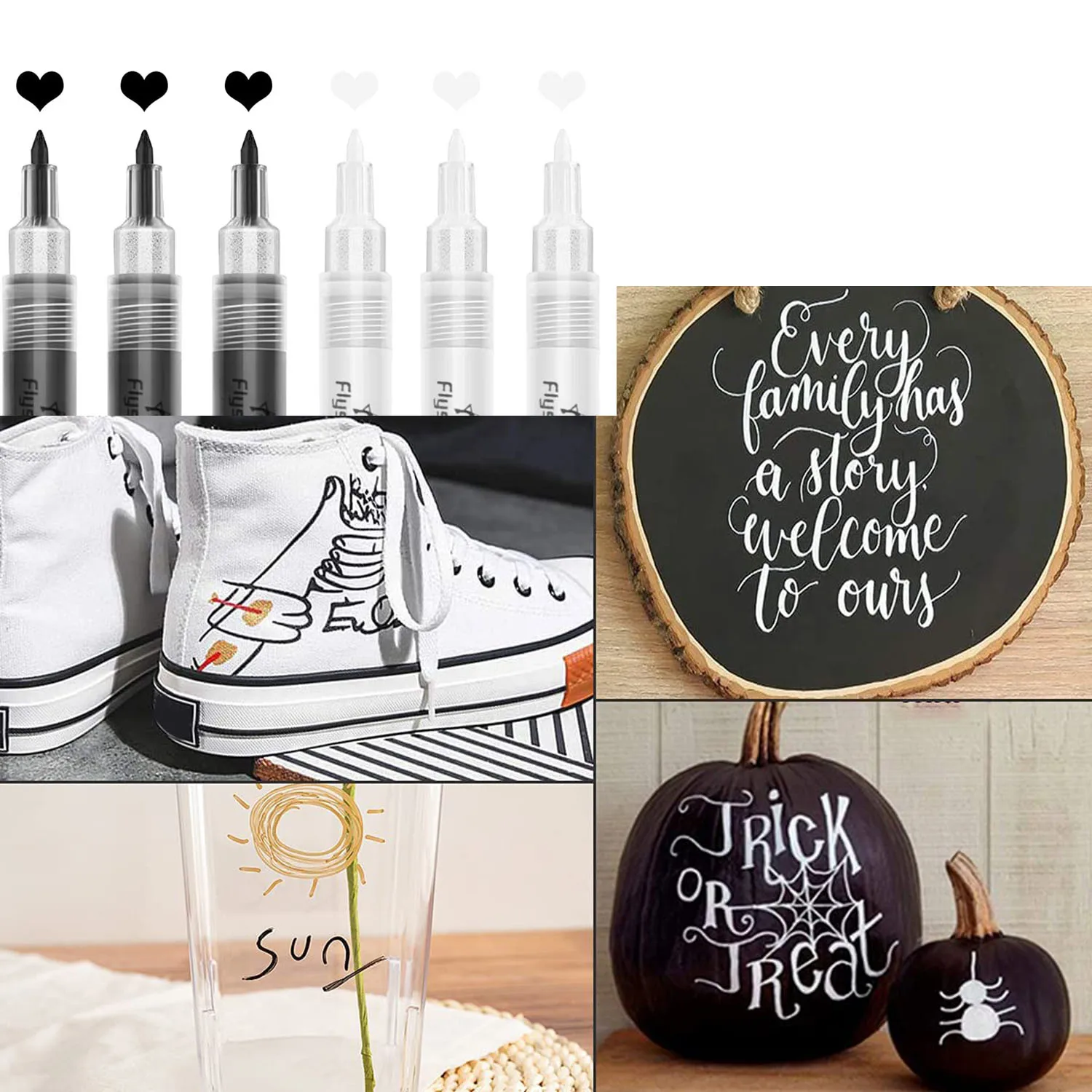 علامات الطلاء الاكريليك للرسم الصخري ، الأسود والأبيض والحجر والسيراميك والزجاج والخشب والبلاستيك والمعادن ، 6 عبوات