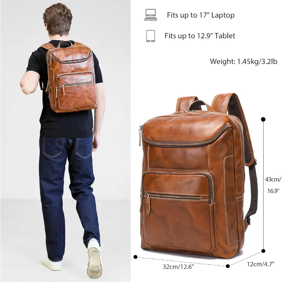 حقيبة ظهر من الجلد المدبوغ بالخضراوات من LANNSYNE للرجال مقاس 17 بوصة حقيبة ظهر للكمبيوتر المحمول كاجوال للعمل في الهواء الطلق حقيبة ظهر للسفر بسحابات YKK #6