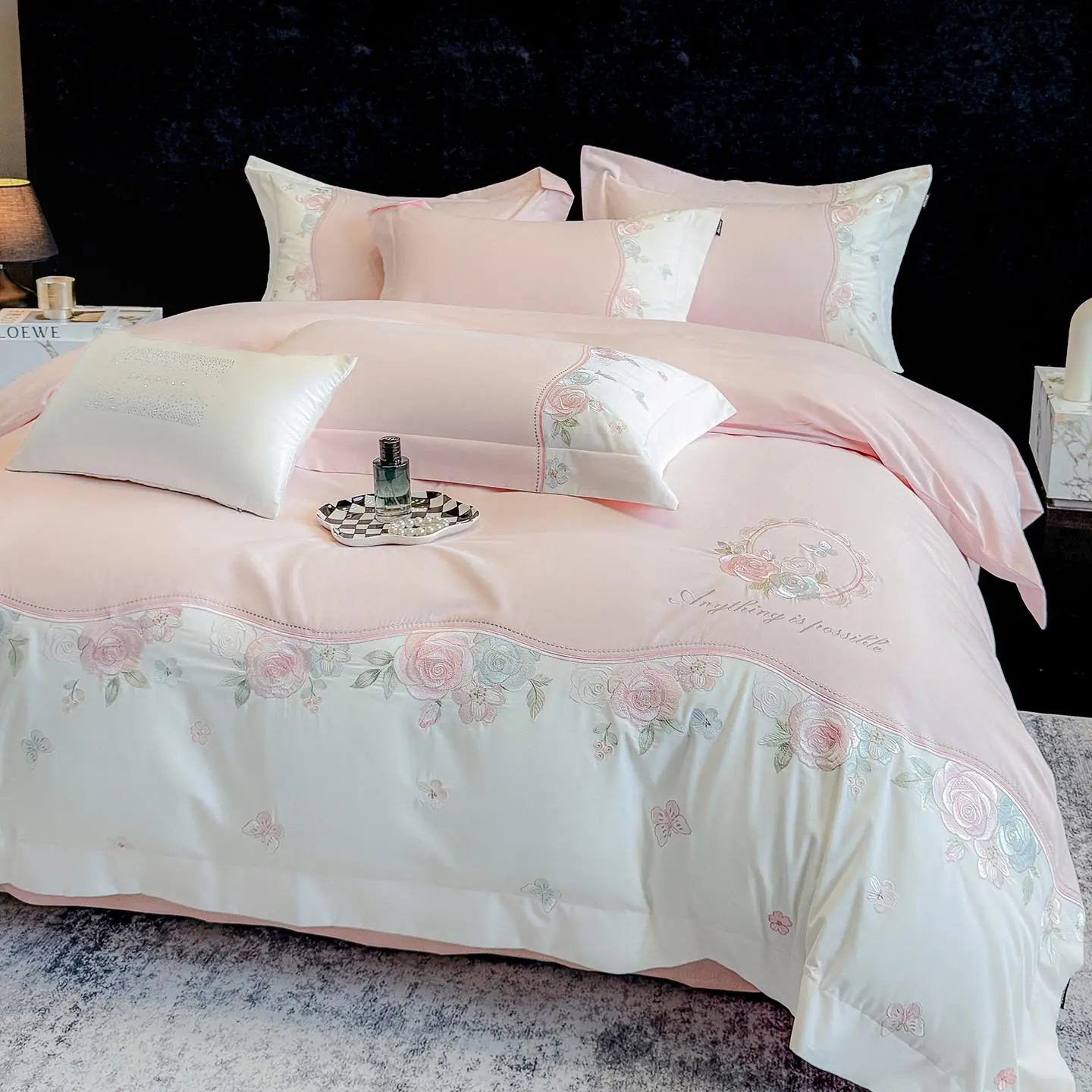 Pink Princess Bedding Sets Luxury Rose Flowers Embroidery Duvet Cover Set Fitted Bed Sheet Pillowcase Home Textile King Queen