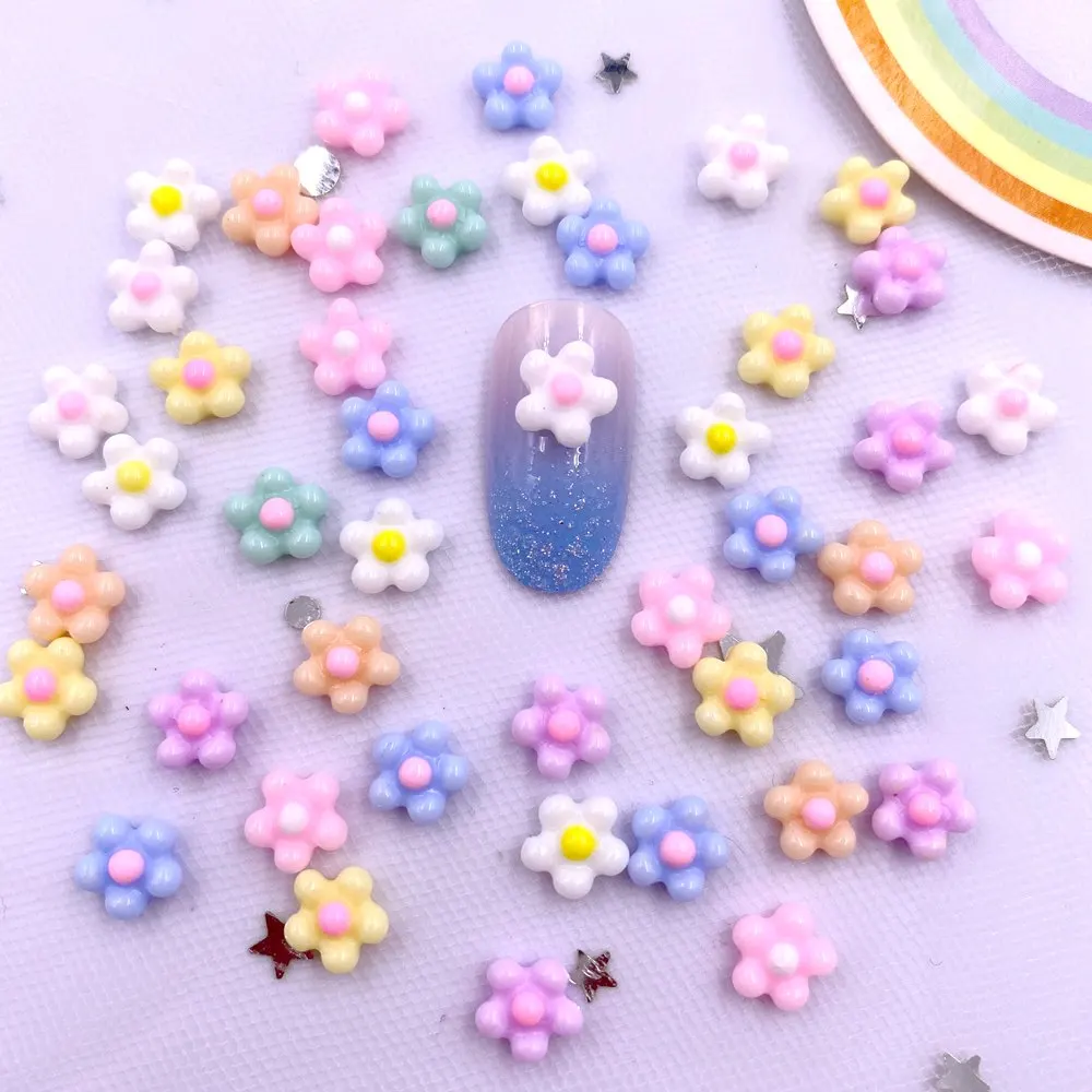 200Pcs 8mm Resin 3D Colorful Kawaii Mini Flower Gems Nail Art Flatback Rhinestone Scrapbook Wedding Applique Jewelry Decor Craft