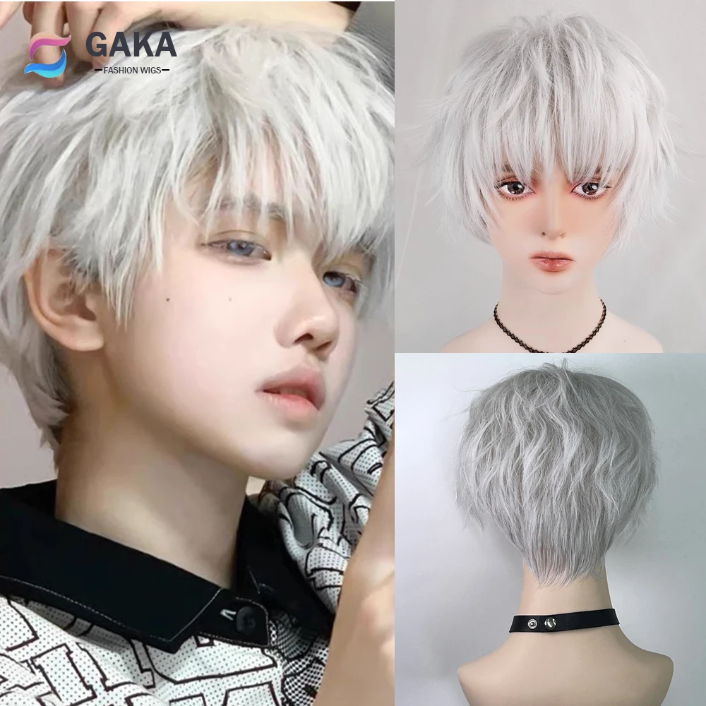 

GAKA Short Straight Curly Silver White Wigs Synthetic Anime Cosplay Men Heat Resistant Hair Wig for Daily Party