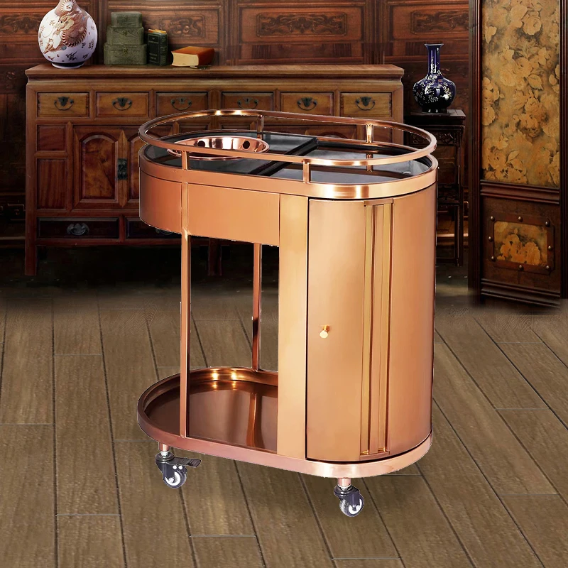 Hotel Restaurant Wood Gold Utility Bar Trolley Drinks Tea Coffee Serving Trolley Food Service Trolley Liquor Wine