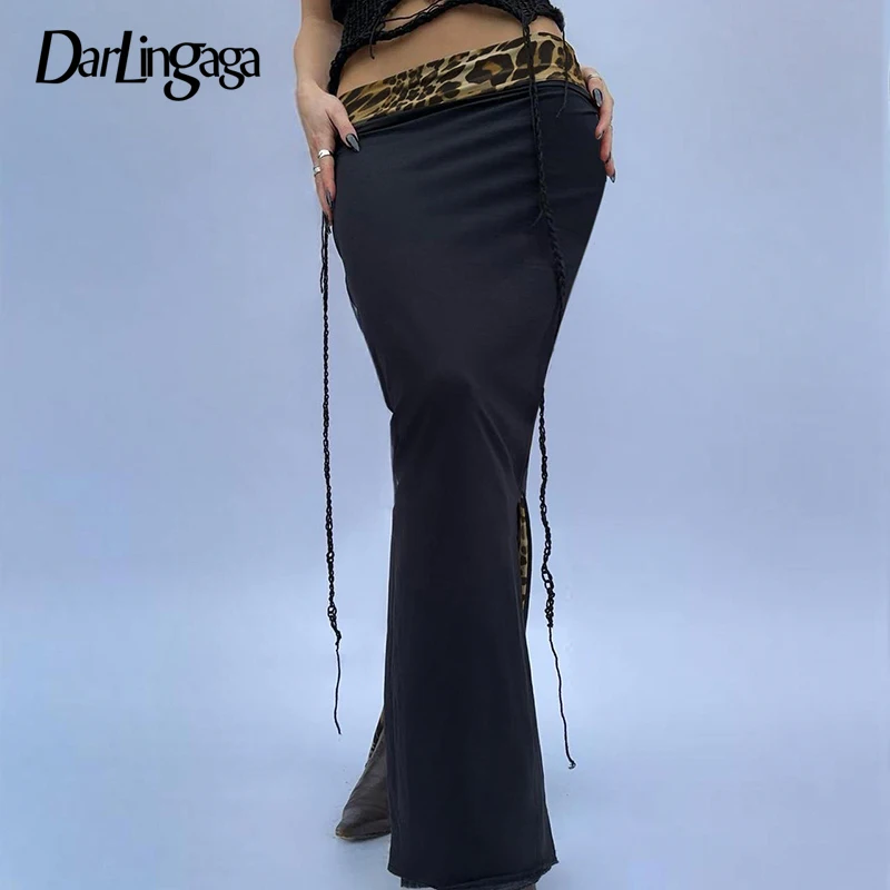 

Darlingaga Fashion Elegant Low Waist Maxi Skirt Streetwear Clubwear Slim Leopard Spliced Party Women's Skirts Side Split Outfits