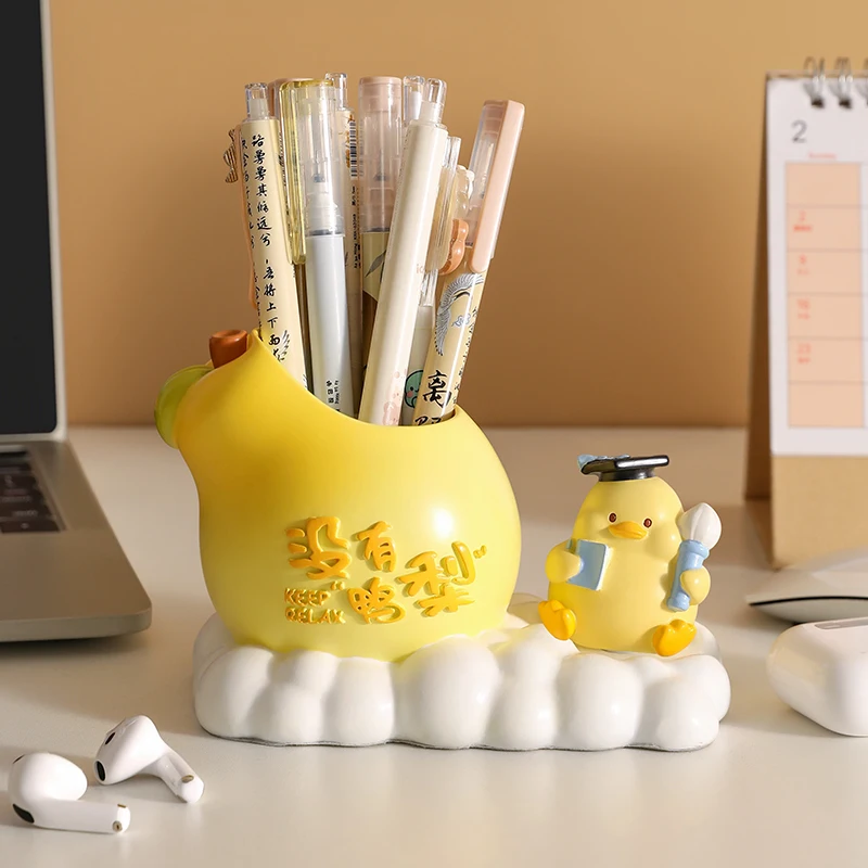 Cute Yellow Duck Pen Holder Large Capacity Resin Pencil Cup Organizer Desktop Storage Decor for Office School Supplies Teacher