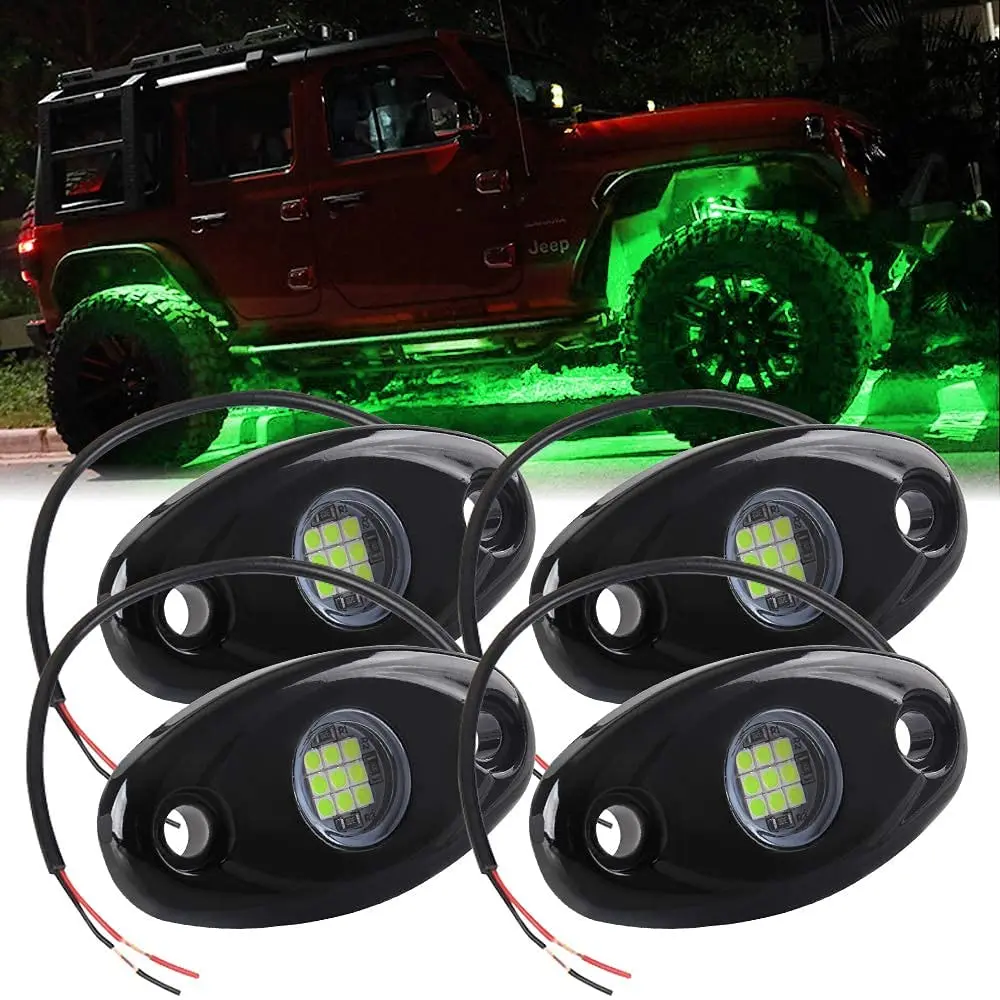 4Pcs 9LED Super Bright Rock Light Kit LED Waterproof LED Neon Underglow Light for Off Road Truck Boat Green