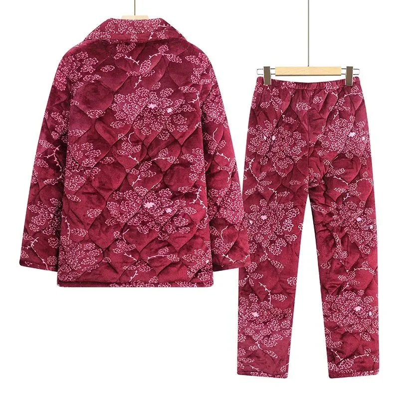 Middle Aged Elderly Women\'s Pyjamas Winter Sleepwear Fashion Thickened Warm Cotton Coat Pants Suit Grandma Home Clothing 2023