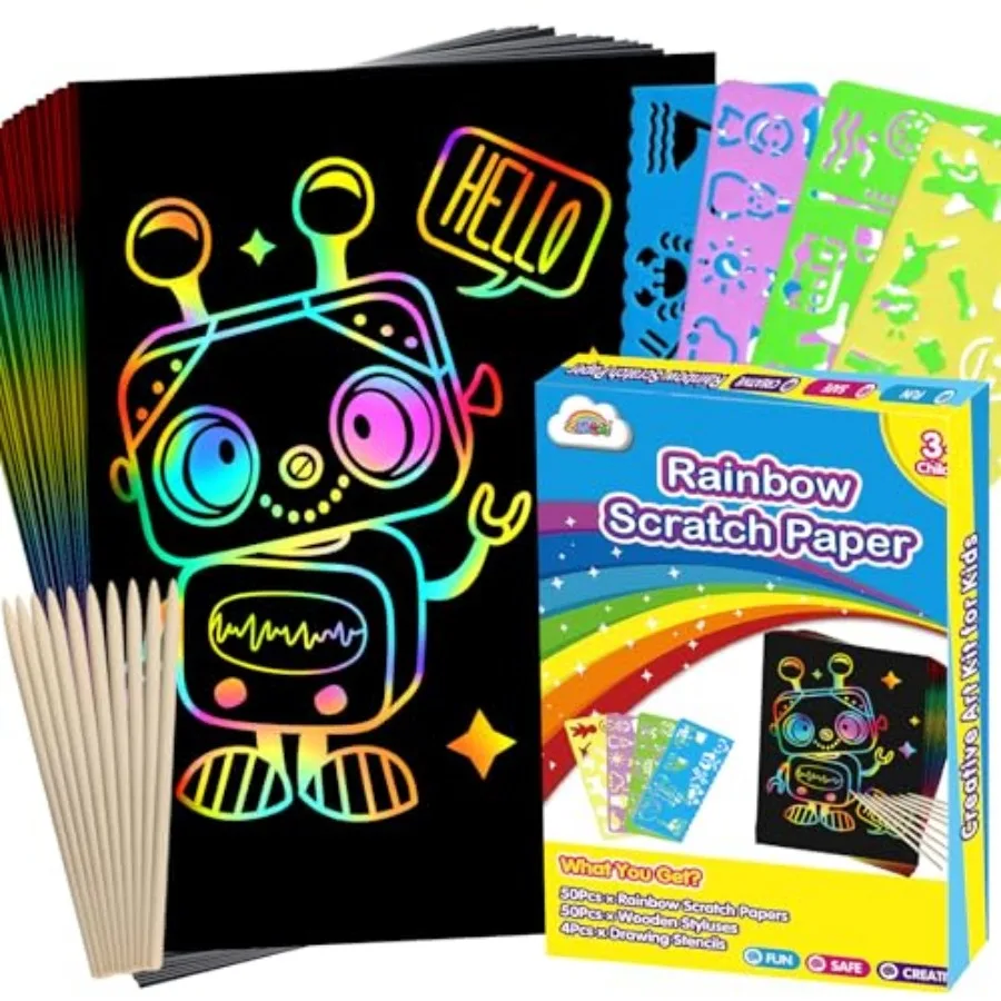 100PCS Rainbow Scratch Paper Art Gifts, Arts and Crafts for Toys
