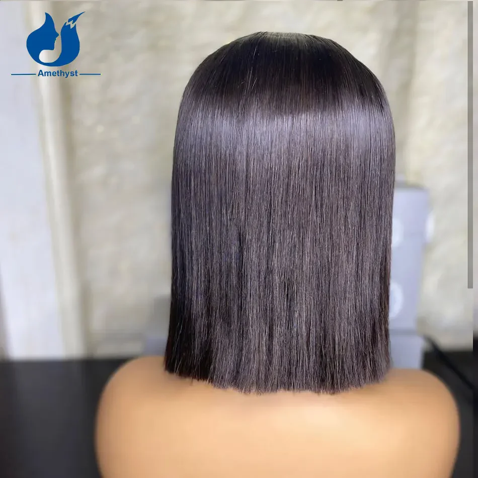 ALINANDING YST-Perruque Bob Lace Closure Wig 100% naturelle, cheveux humains, coupe courte émoussée, partie latérale, noir naturel, avec base injBase, 5,5x4,5 PU