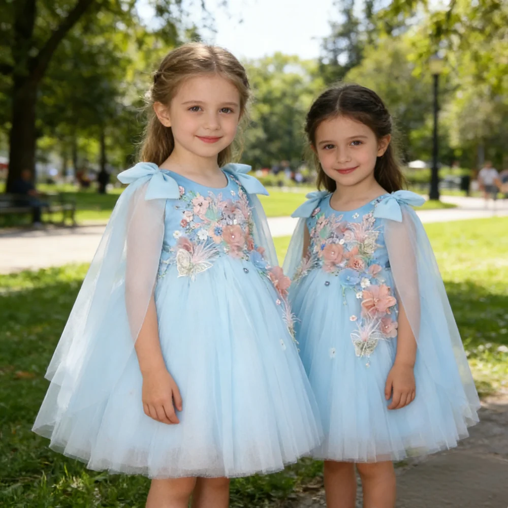 2026 Blue Children Floral Dress Girls 3D Applique  Party Gown Evening Celebration Eid Kids Clothing Princess Gown Host Formal