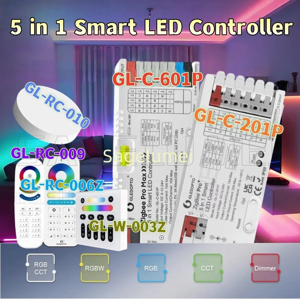 

2025 НОВЫЙ светодиодный контроллер ZigBee 3.0 5 в 1, Pro Max RGBCCT/RGBW/RGB/CCT, диммер, цвет белого света, микс 20 А, подключаемый предохранитель, приложение для голоса
