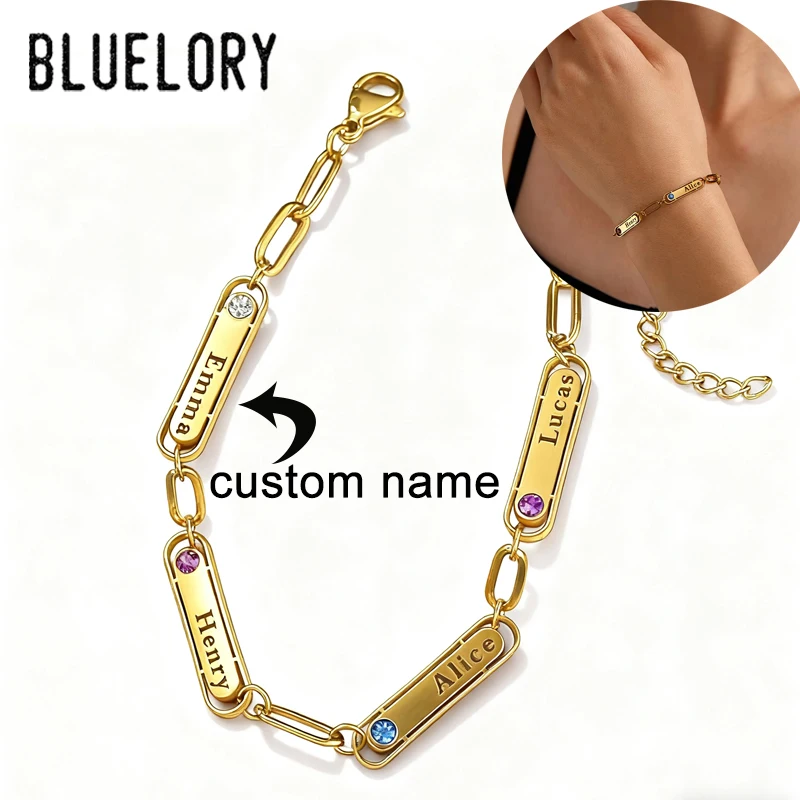

Bluelory Stainless Steel Carving Name Birth Stone Bracelet Engraved Letter Symbol For Women Girls Accessory Party Jewelry Gift