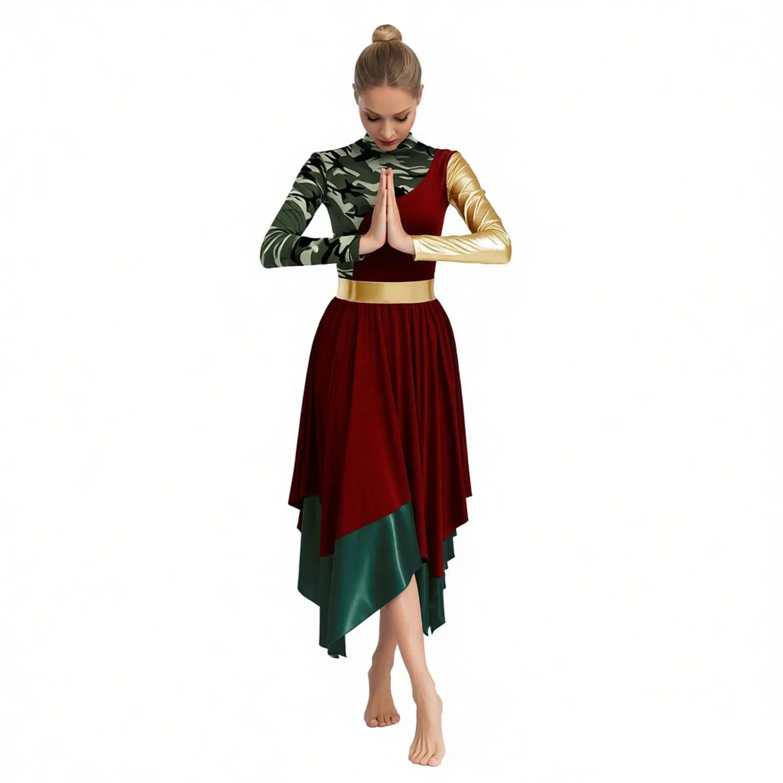 Vestidos de Danza Litúrgica para Mujer, Cuello Alto, Manga Larga, Estampado de Camuflaje, Bloques de Color, Vestido Maxi Irregular, Ropa de Danza de Adoración