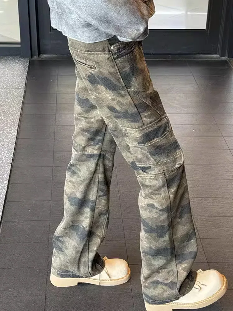 Amerikanische Retro-Camouflage-Arbeitshose für Herren, Herbst und Winter, schlanke, gerade Leggings, Hose mit weitem Bein und mehreren Taschen, Jugendtrend